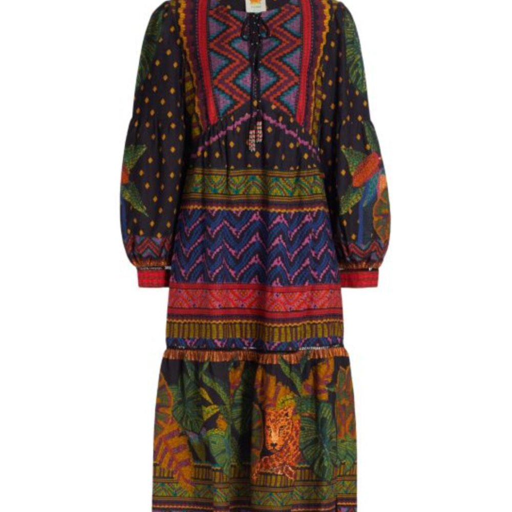 Farm Rio Forest Tapestry Midi Dress Geometric Jungle Linen Blend Tassel XS $265 - Picture 4 of 10